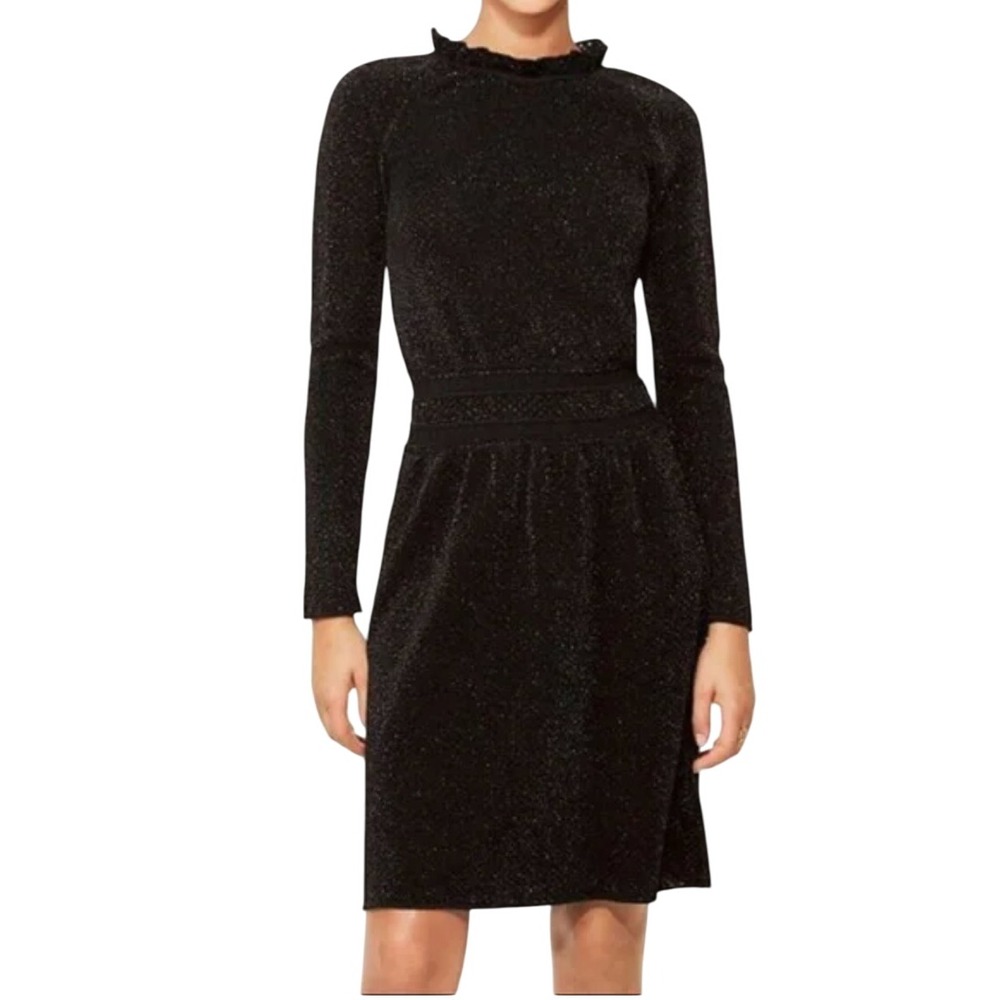 Tory Burch Isabelle Metallic Black Sparkle Knit Sweater Dress Gathered Waist S/P